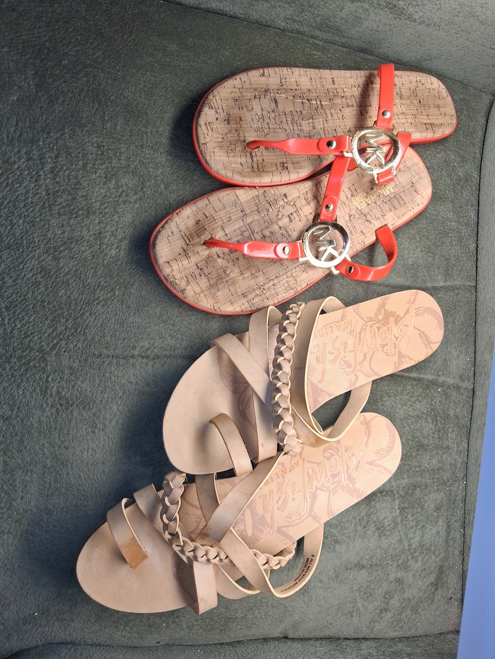 Michael Kors Red Thong Sandals & Beige Braided Slide Bundle